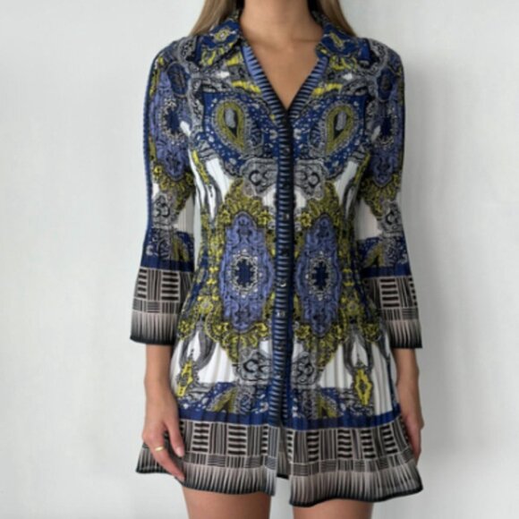 Alfani Geometric Paisley Print Pleated Crepe Feel Smart Collar Boho Mini Dress 6 - Picture 1 of 8